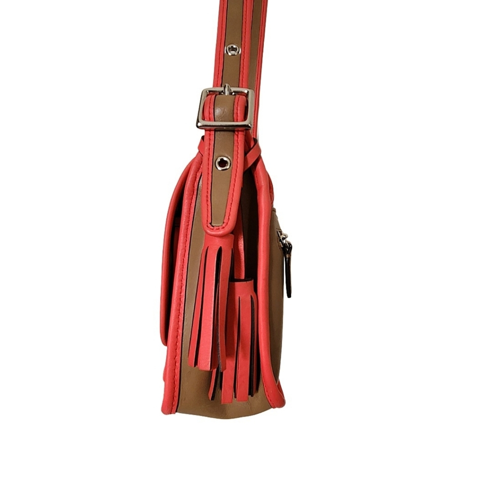 Coach Rambler Tan & Coral Leather Flap Shoulder Bag - Picture 6 of 14